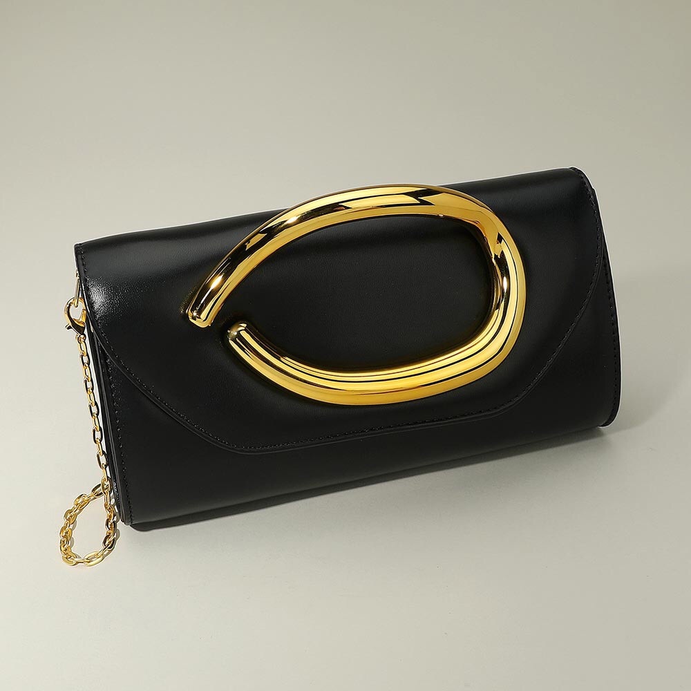 Black & Gold Bold Hardware Accent Snake Pattern Vegan Leather Clutch Bag